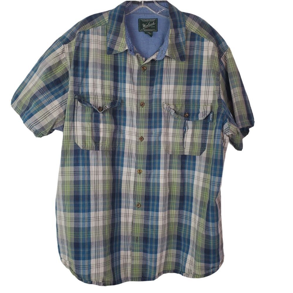 Woolrich Men's Plaid SS Shirt Size XXL Blue Green Cotton Button Front